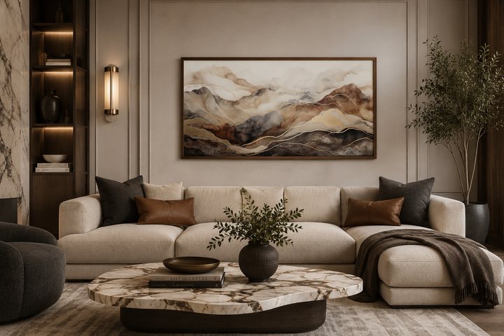 Brown and beige abstract marble mountain framed canvas wall art above a neutral sofa.
