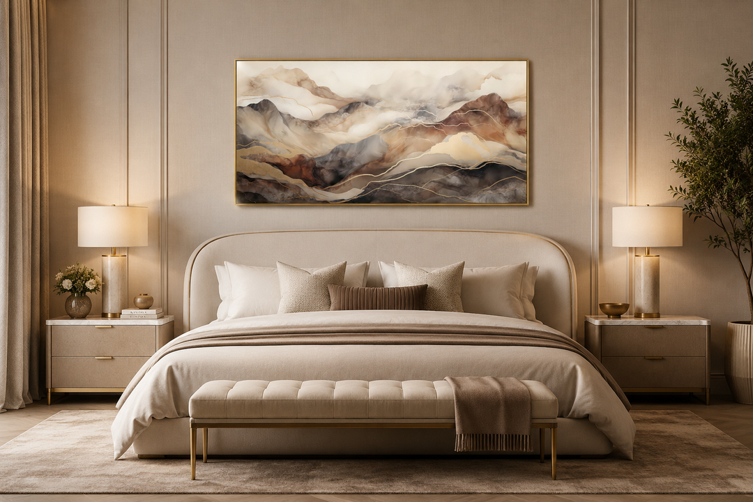 Brown and beige abstract marble mountain framed canvas wall art hanging above a bed.
