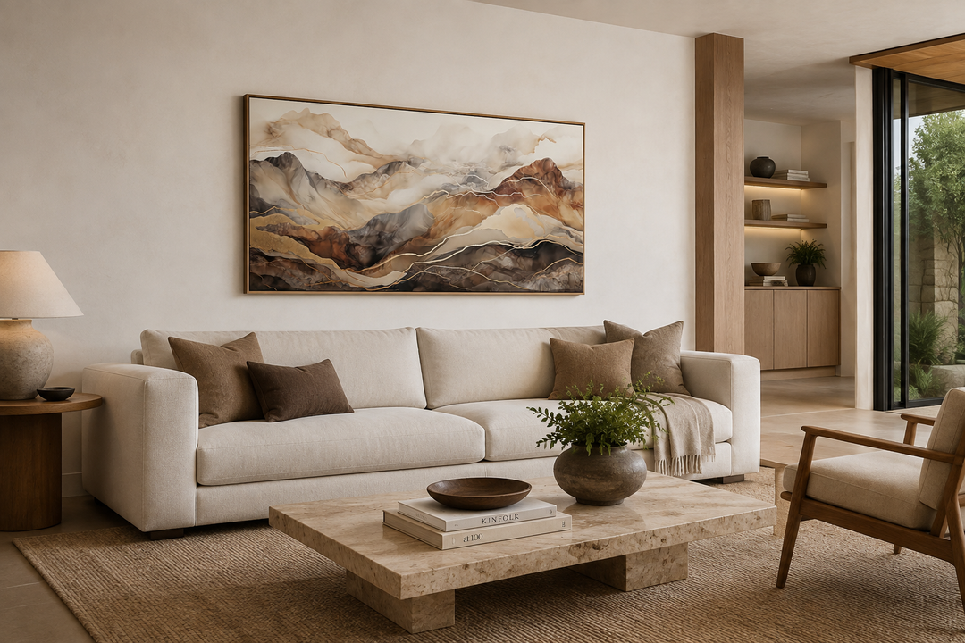 Brown and beige abstract marble mountain framed canvas wall art above a neutral sofa.