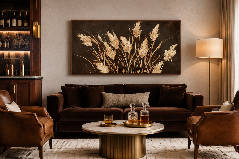 Boho framed canvas wall art featuring beige grass on a dark brown background above a brown sofa.