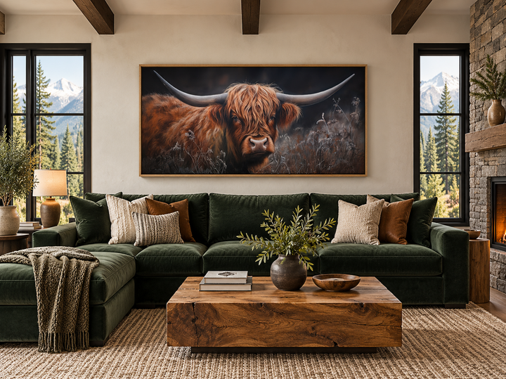 Brown Highland Cow In Grass On Dark Background Framed Canvas Wall Art