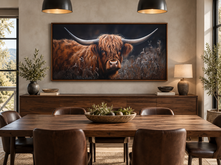Brown Highland Cow In Grass On Dark Background Framed Canvas Wall Art
