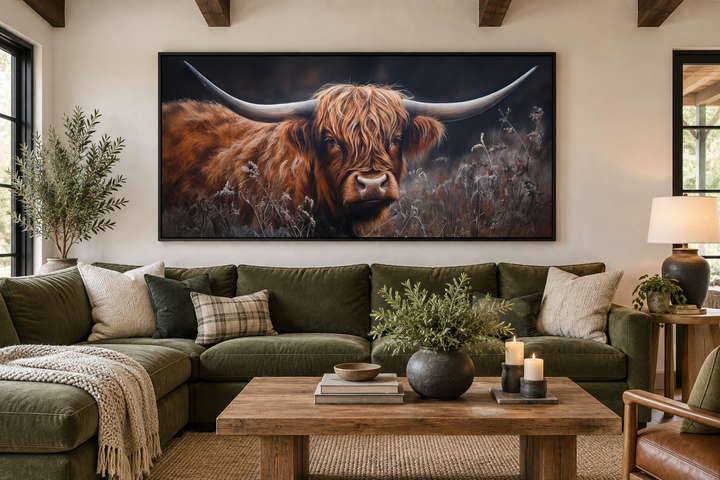 Brown Highland Cow In Grass On Dark Background Framed Canvas Wall Art