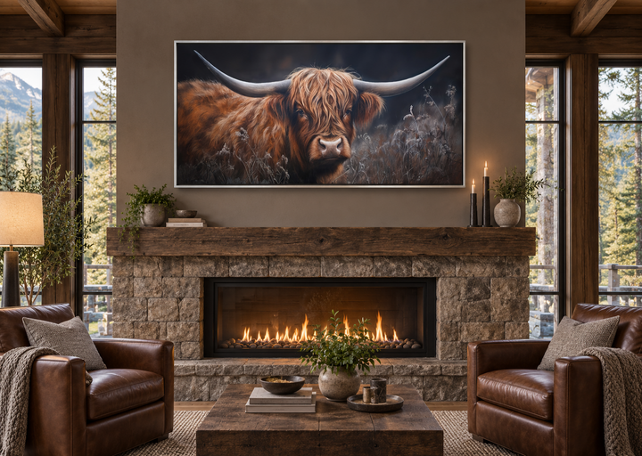 Brown Highland Cow In Grass On Dark Background Framed Canvas Wall Art