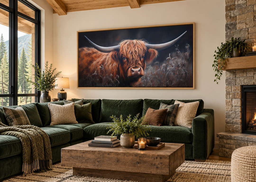 Brown Highland Cow In Grass On Dark Background Framed Canvas Wall Art