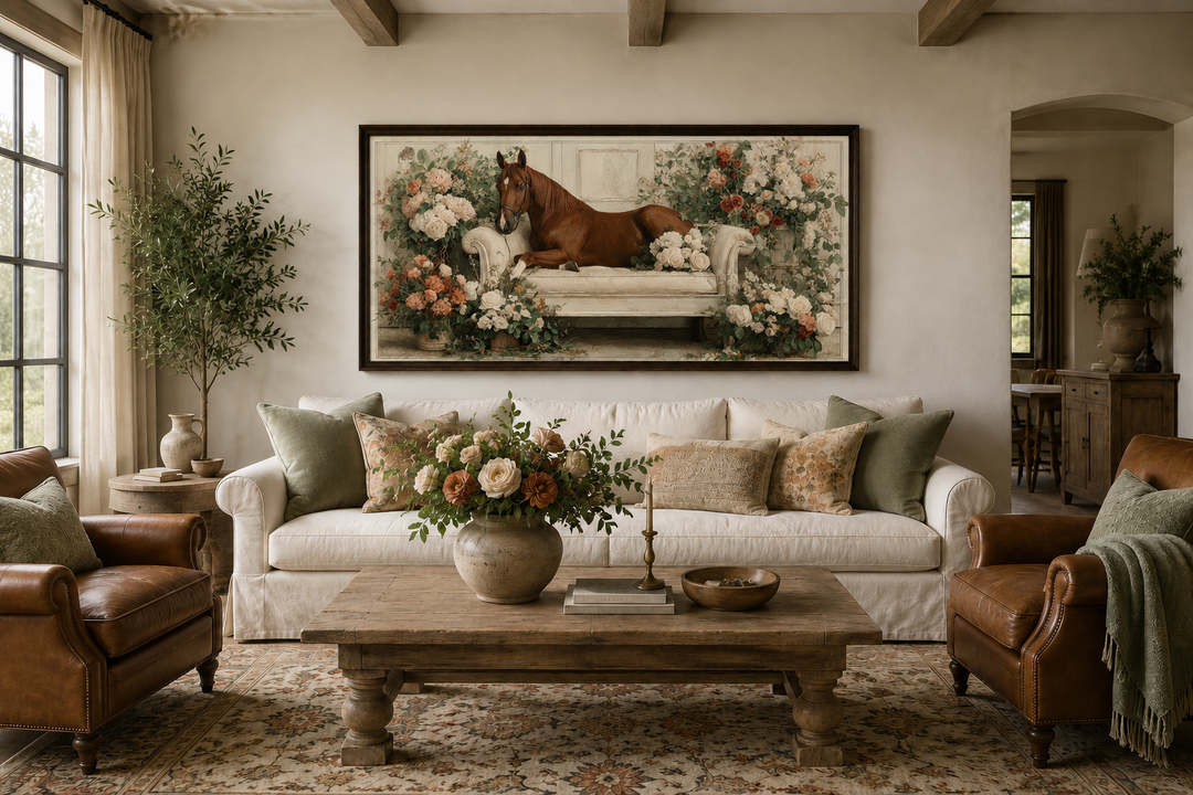 Brown horse lounging on a vintage sofa surrounded by floral blooms in a framed canvas wall art.