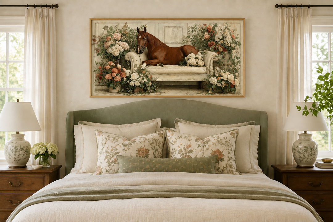 Brown horse lounging on a vintage sofa surrounded by peach and ivory flowers in a framed canvas art.