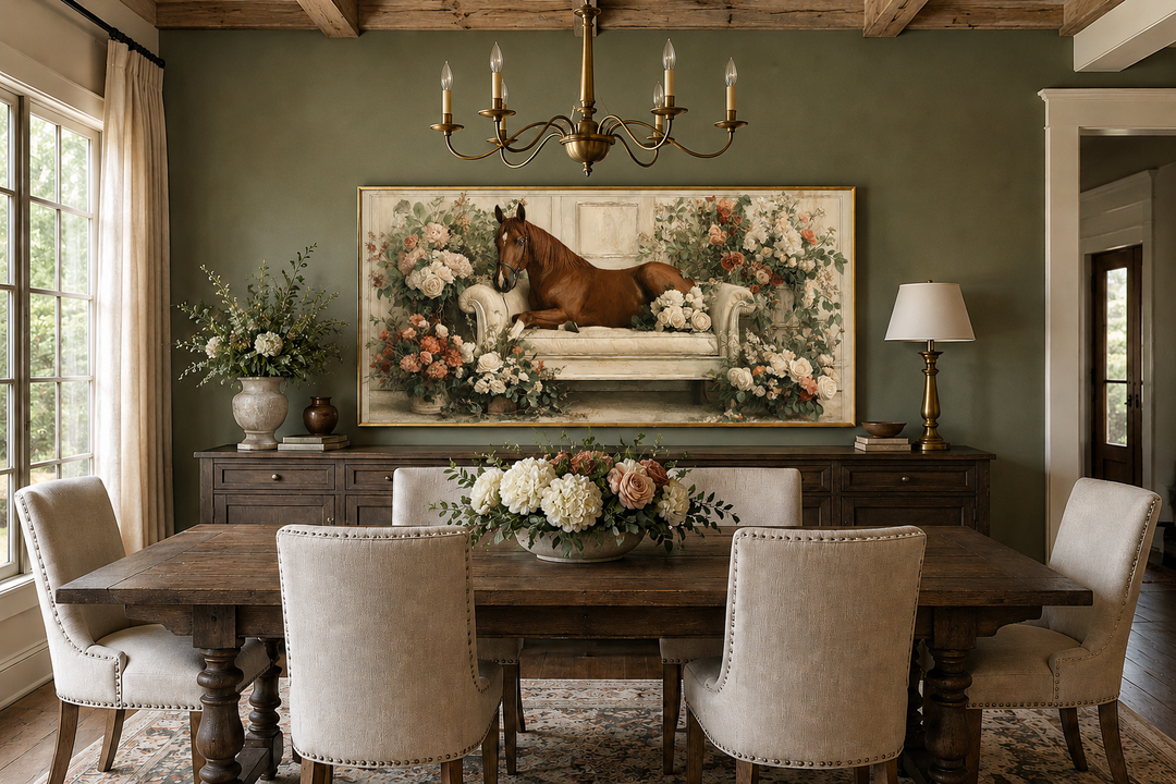Brown horse lounging on a vintage sofa surrounded by peach and ivory flowers on a canvas wall art.