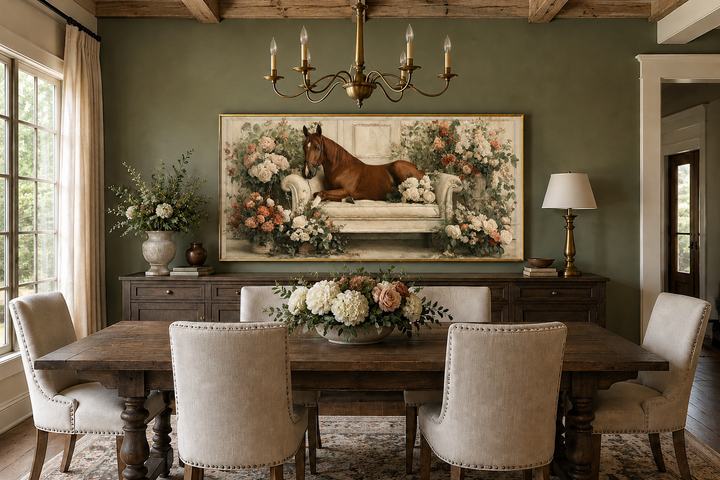 Brown horse lounging on a vintage sofa surrounded by peach and ivory flowers on a canvas wall art.