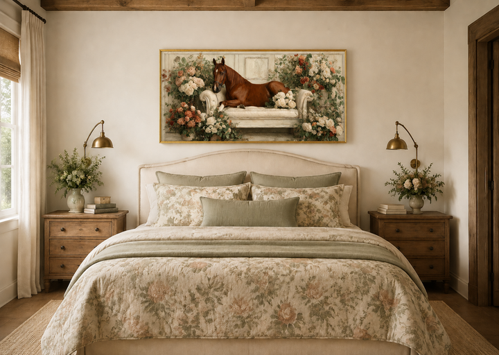 Brown horse lounging on a floral-surrounded vintage sofa in a framed canvas wall art piece.