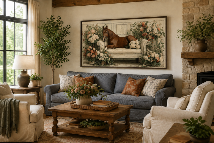 Brown horse lounging on a floral-adorned vintage sofa in a rustic canvas wall art piece.