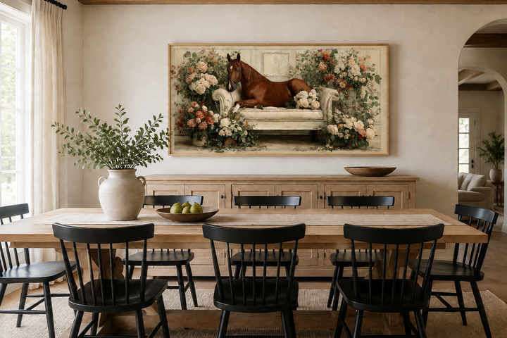 Brown horse lounging on a floral-adorned vintage sofa in a rustic canvas wall art piece.