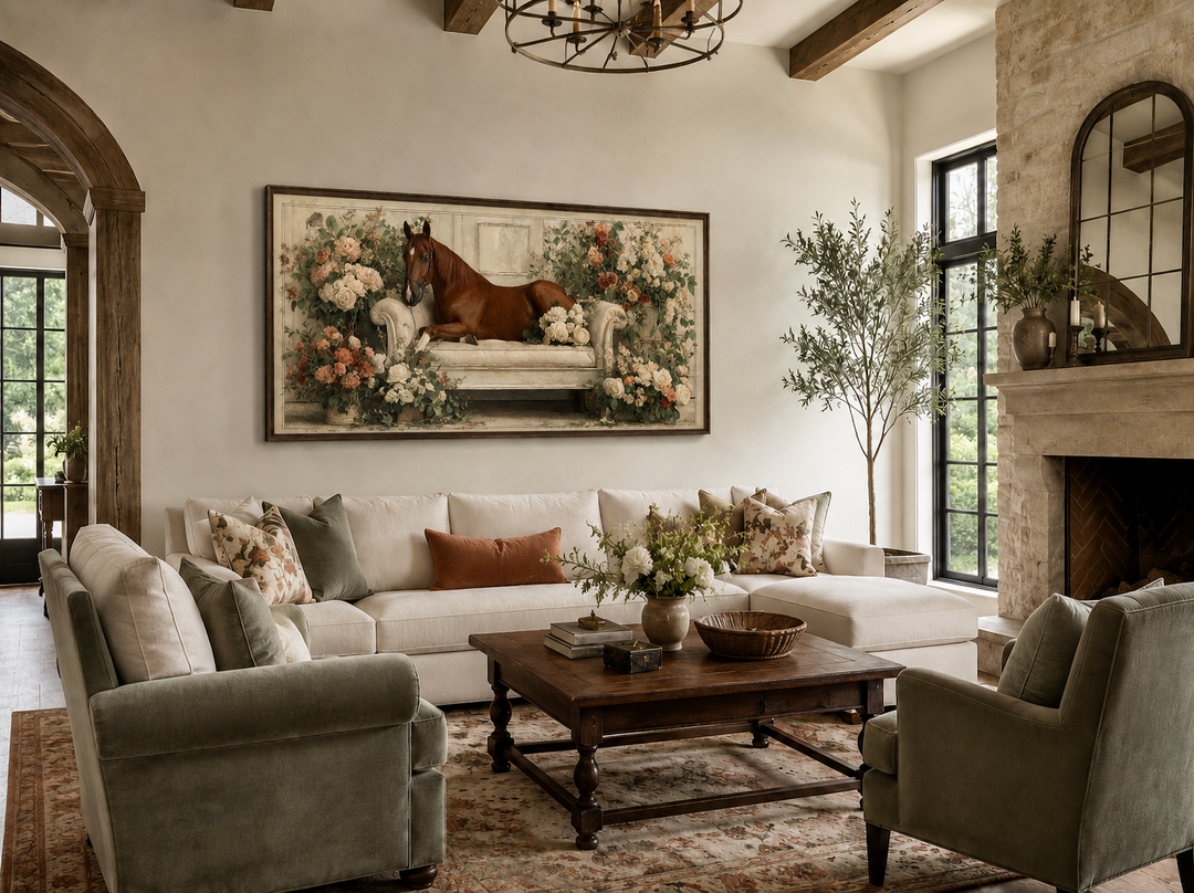 Brown horse lounging on a floral-adorned vintage sofa in a rustic canvas wall art piece.