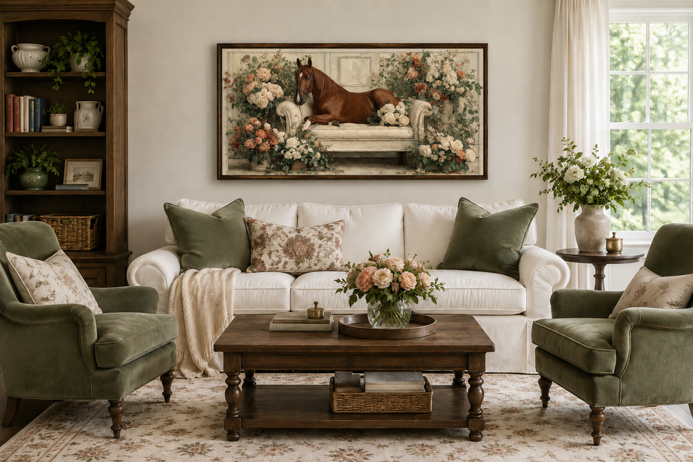 Brown horse lounging on a vintage sofa surrounded by flowers in a framed canvas wall art piece.