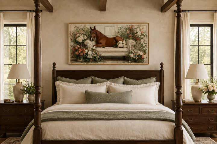 Brown horse lounging on a floral vintage sofa canvas wall art above a dark wood bed frame.
