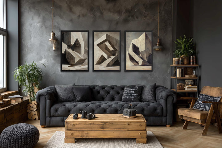 Brutalist Wall Art - Geometric Canvas Set of 3 | Modern Abstract Art Decor for Men