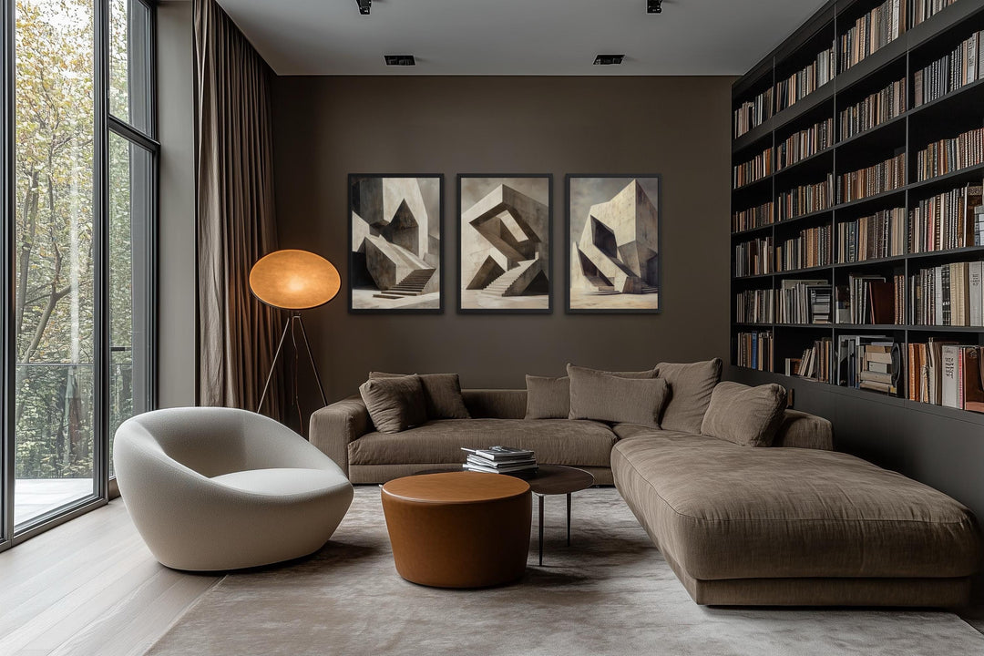 Brutalist Wall Art - Geometric Canvas Set of 3 | Modern Abstract Art Decor for Men