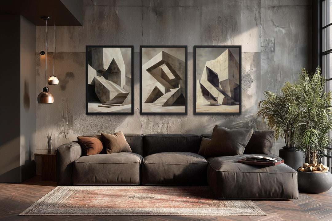 Set of 3 Brutalist geometric abstract canvas wall art prints.