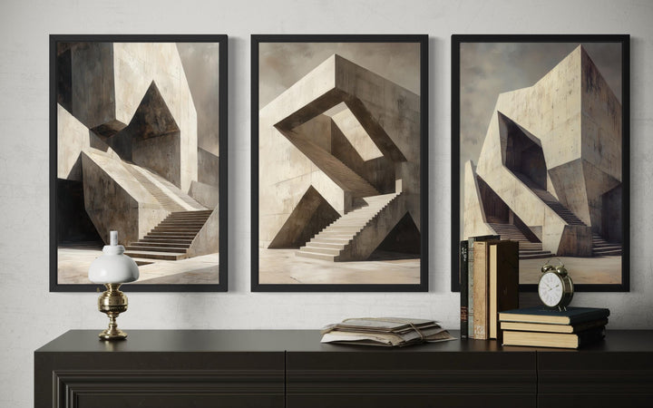 Set of 3 Brutalist geometric abstract canvas wall art prints.