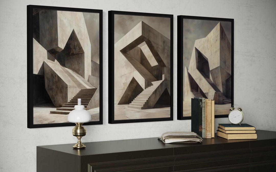 Set of 3 Brutalist geometric abstract canvas wall art prints.