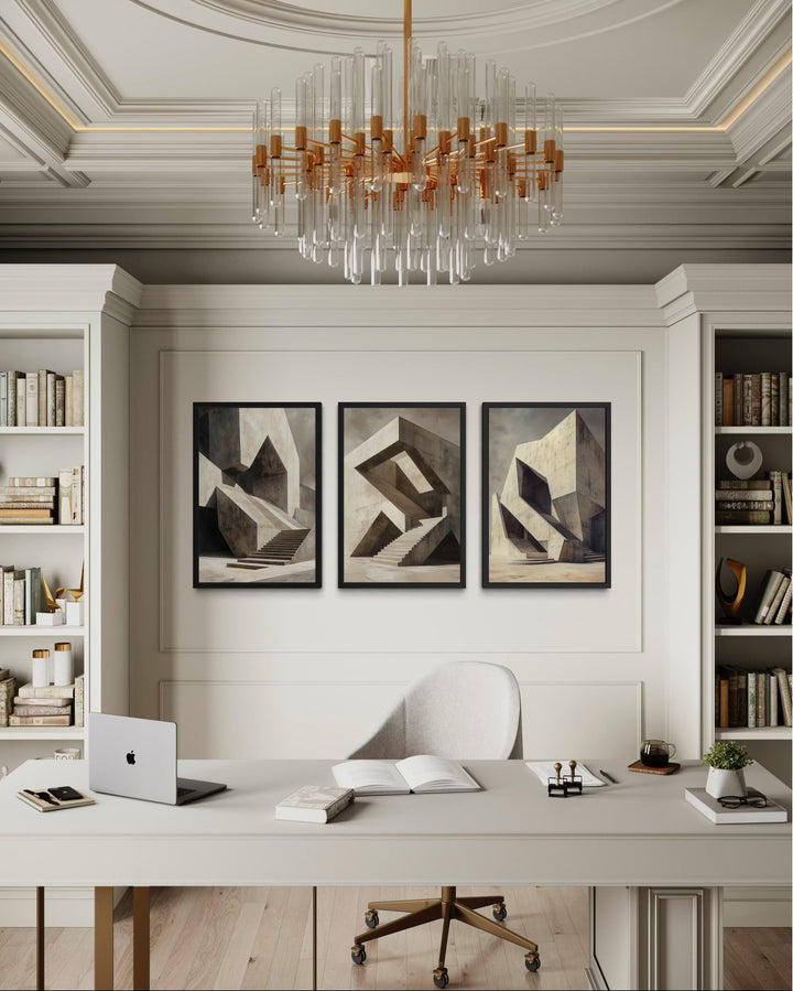Set of 3 Brutalist geometric abstract wall art prints in real estate office