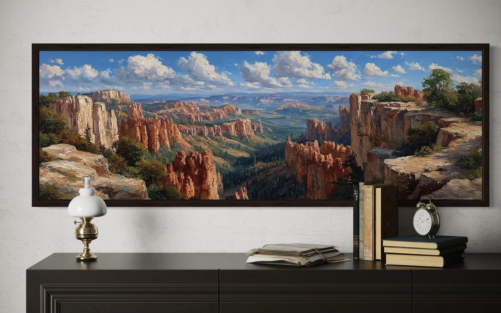 Panoramic framed canvas of Bryce Canyon National Park with red rock hoodoos and a blue sky.