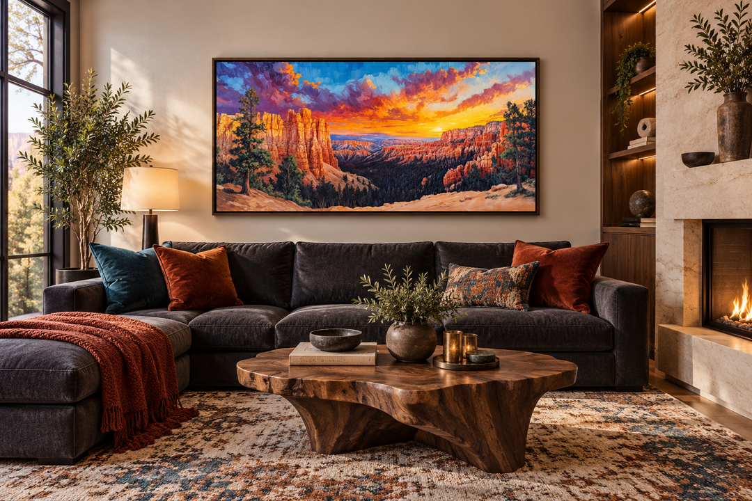 Framed Bryce Canyon sunset canvas print hanging above a dark sofa in a rustic living room.