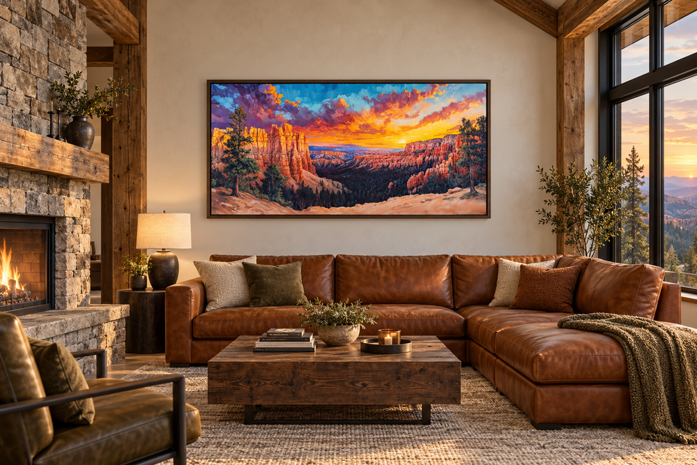 Bryce Canyon sunset canvas wall art in a rustic living room with a leather sofa and stone fireplace.