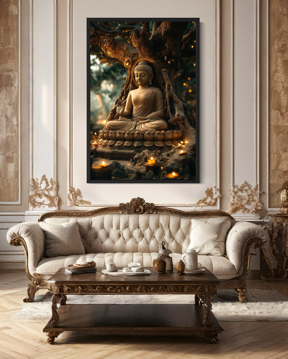 Buddha Statue With Candle Lights Zen Framed Canvas Wall Art in luxury living room