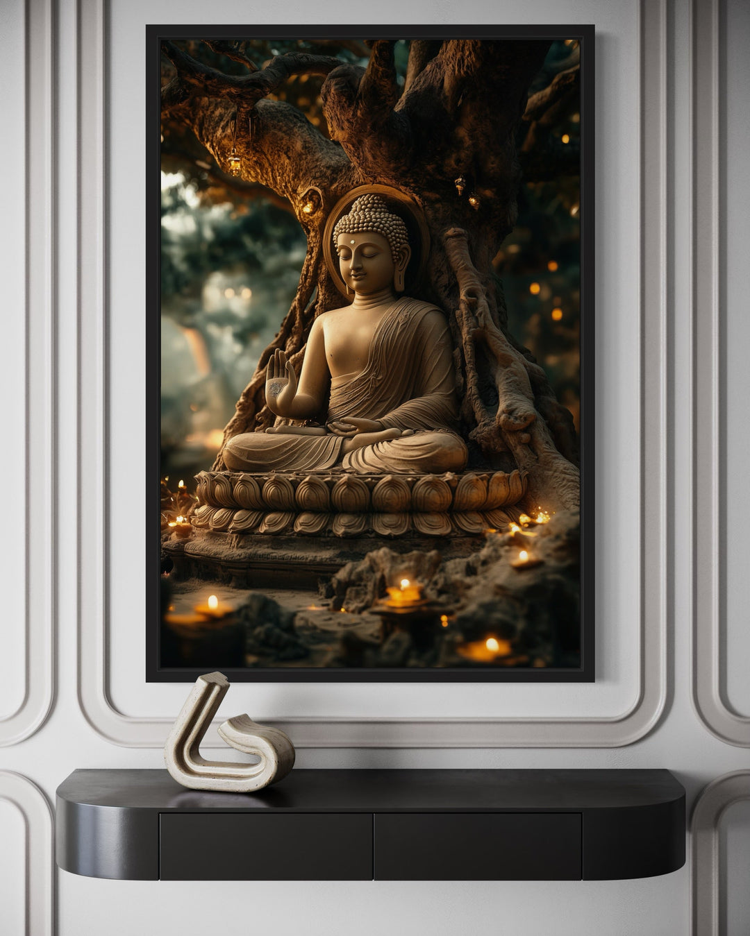 Buddha Statue With Candle Lights Zen Framed Canvas Wall Art