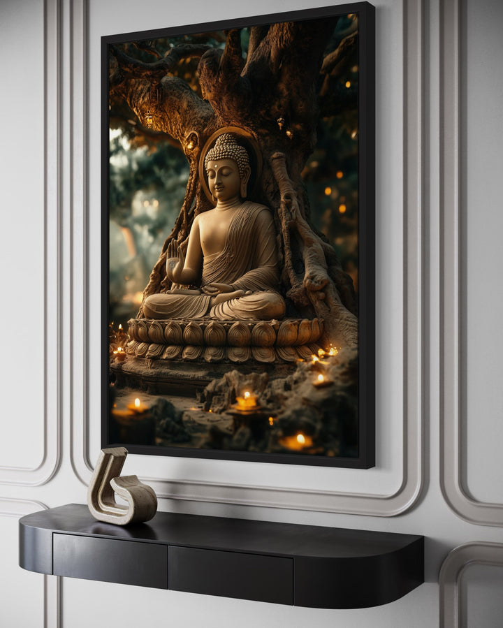 Buddha Statue With Candle Lights Zen Framed Canvas Wall Art