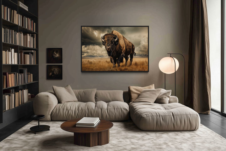 Buffalo in the wild framed canvas wall art in a modern living room with a neutral sofa and rug.