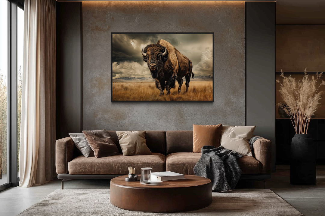 Buffalo in the wild framed canvas wall art in a sepia tone, hanging above a brown sofa.