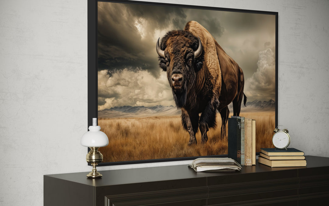 Buffalo in the wild framed canvas wall art in sepia tones above a dark wood dresser.