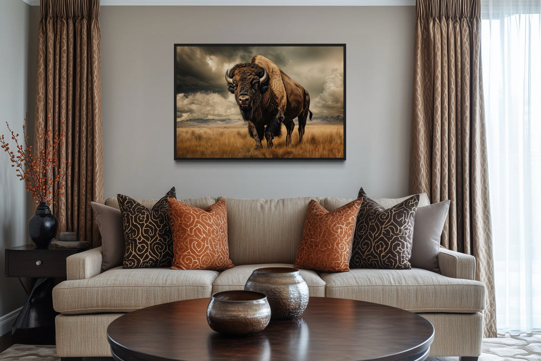Buffalo in the wild framed canvas wall art hanging above a sofa in a rustic living room.