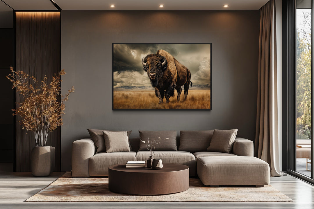 Buffalo in the wild framed canvas wall art hanging above a modern sofa in a rustic living room.