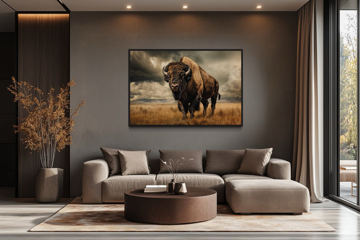 Buffalo in the wild framed canvas wall art hanging above a modern sofa in a rustic living room.