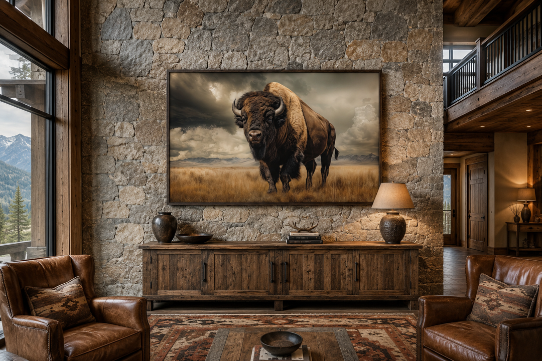 Buffalo in the wild framed canvas wall art displayed on a stone wall in a rustic mountain cabin.
