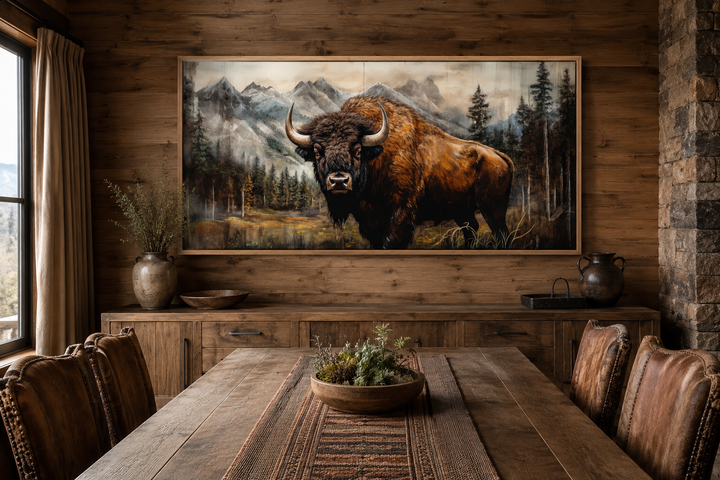 Rustic wood-framed canvas art of a buffalo in a Yellowstone landscape above a dining table.