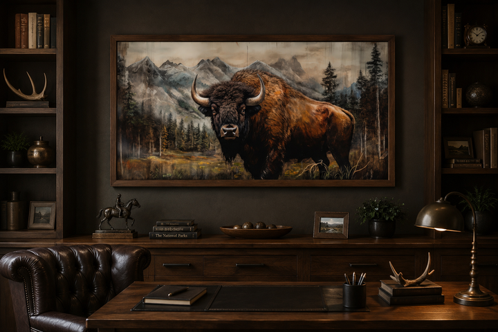 Rustic wood framed canvas of a majestic buffalo in a Yellowstone mountain landscape.