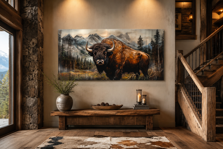 Rustic wood framed canvas of a buffalo in Yellowstone, displayed in a cabin-style living room.