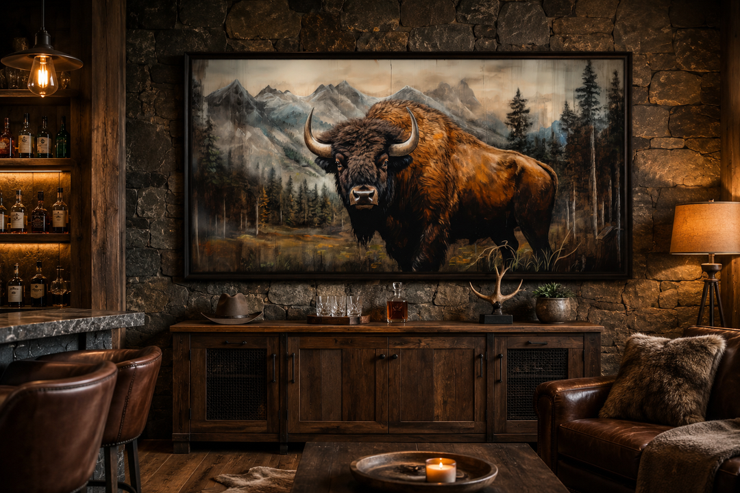 Rustic wood-framed canvas wall art of a buffalo in a Yellowstone mountain landscape.