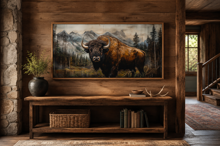 Rustic wood framed canvas of a buffalo in Yellowstone, displayed on a wood-paneled wall.
