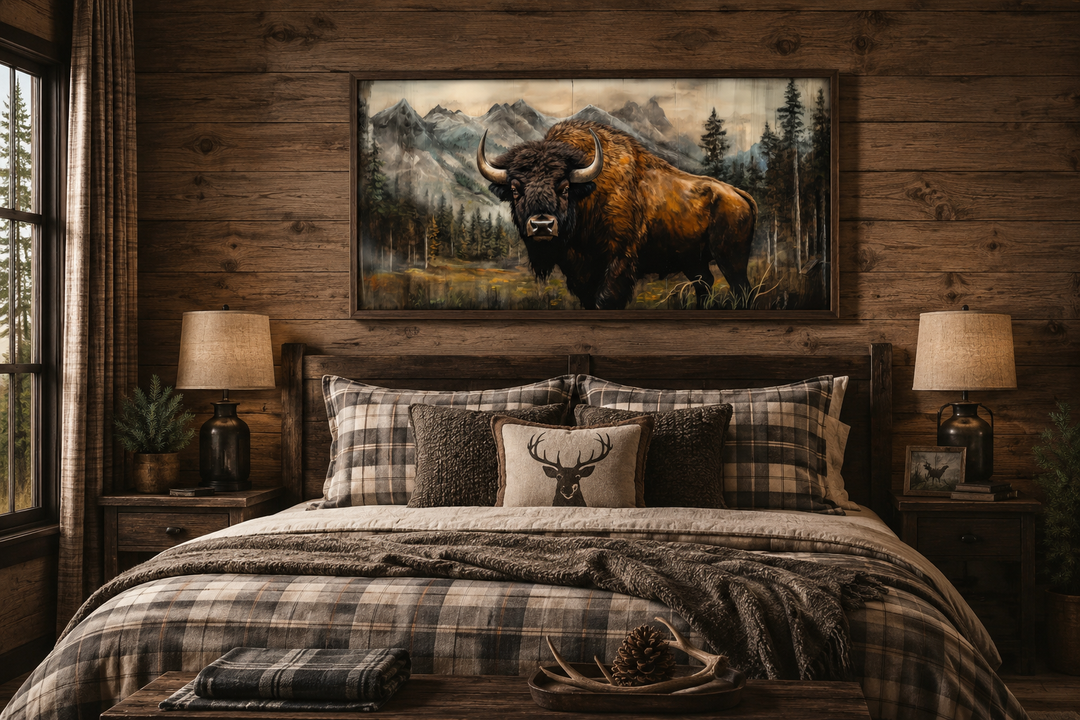 Rustic wood framed canvas of a buffalo in Yellowstone, hanging above a bed in a log cabin bedroom.