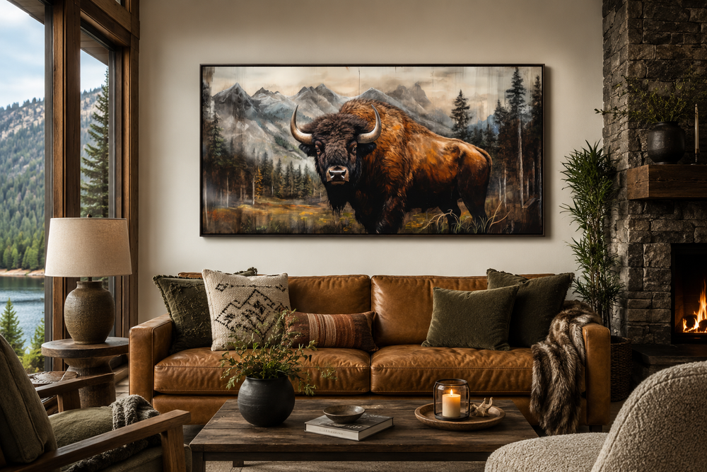 Rustic wood framed canvas of a majestic buffalo in a Yellowstone landscape above a leather sofa.