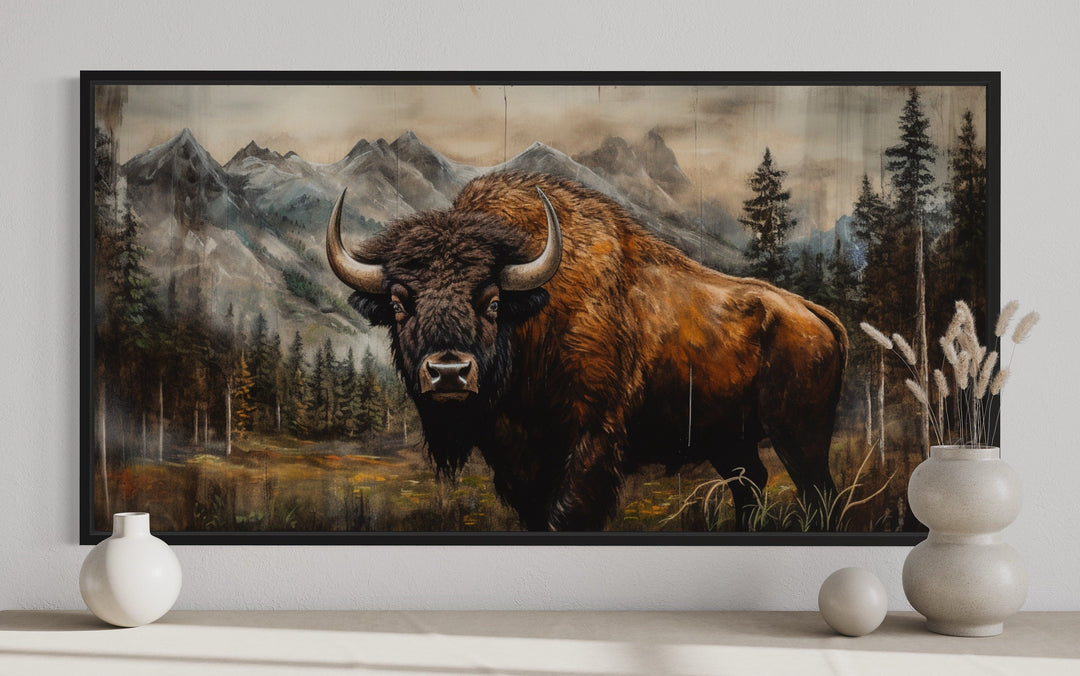 Rustic wood framed canvas of a majestic buffalo in a Yellowstone mountain landscape.