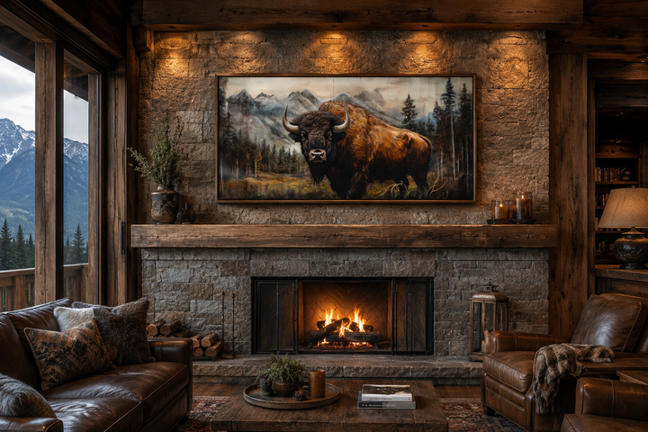 Buffalo wall art in a rustic wood frame hanging above a stone fireplace in a cozy cabin living room.