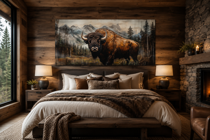 Rustic wood-framed canvas wall art of a buffalo in Yellowstone, hung above a bed in a cabin.