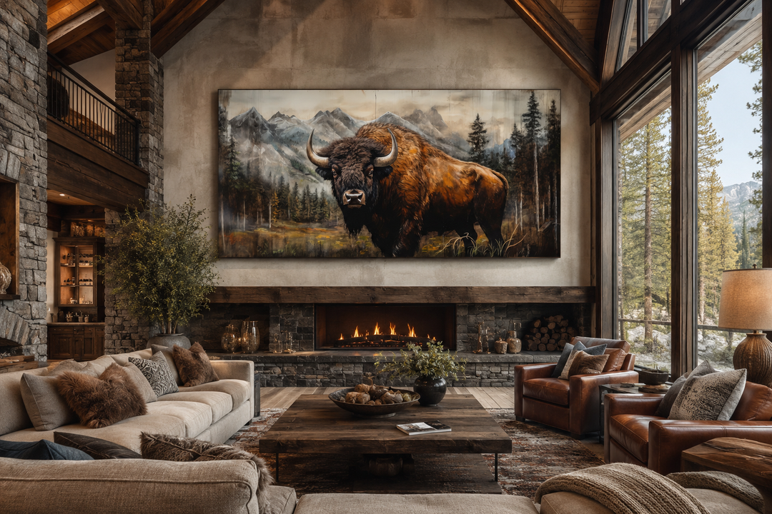 Rustic wood framed canvas of a buffalo in a Yellowstone landscape above a living room fireplace.