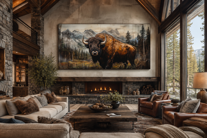 Rustic wood framed canvas of a buffalo in a Yellowstone landscape above a living room fireplace.